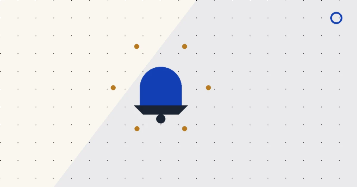 Abstract editorial illustration of a bell icon surrounded by scattered notification dots.