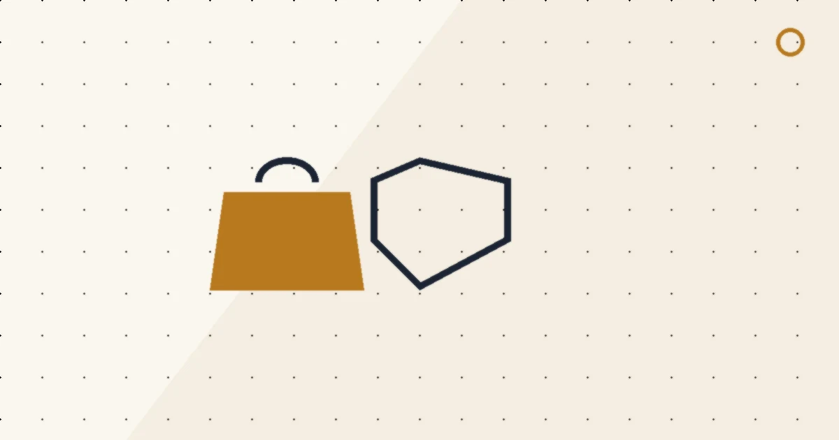 Abstract editorial illustration of a shopping bag icon beside a shield outline.
