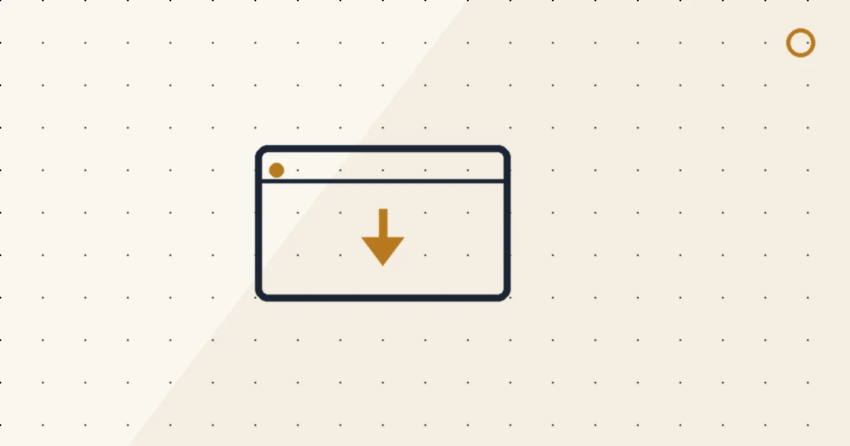 Abstract editorial illustration of a browser window with a download arrow and caution outline.